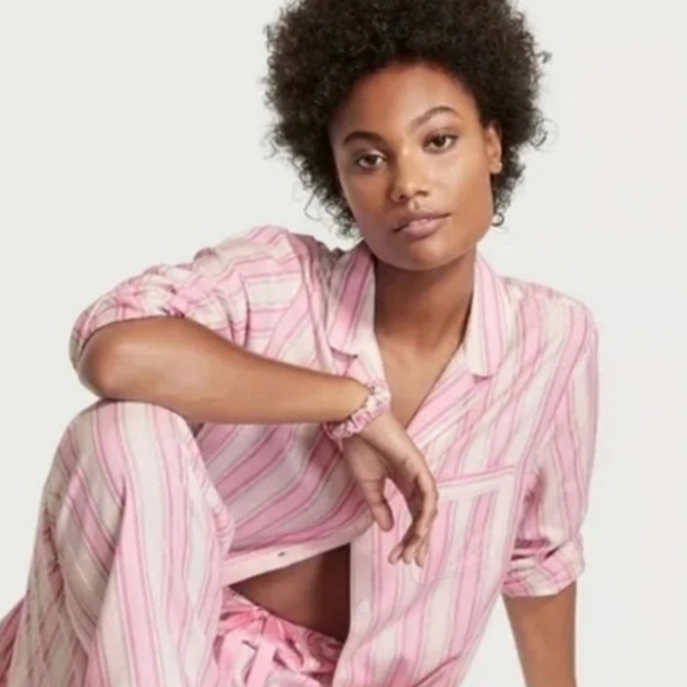 Victoria's Secret pink stripe long sleeve button down pajamas top